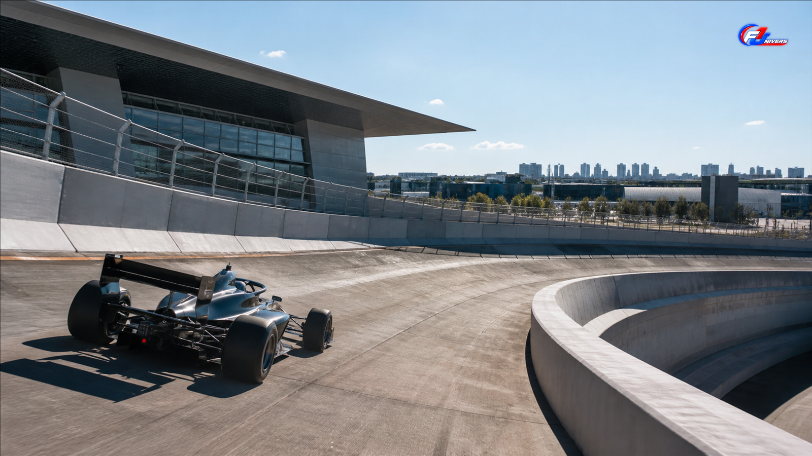 Monoplace de Formule 3 fictive dans un virage relevé évoquant La Monumental au Madring — visuel éditorial généré par IA pour F1 Univers.