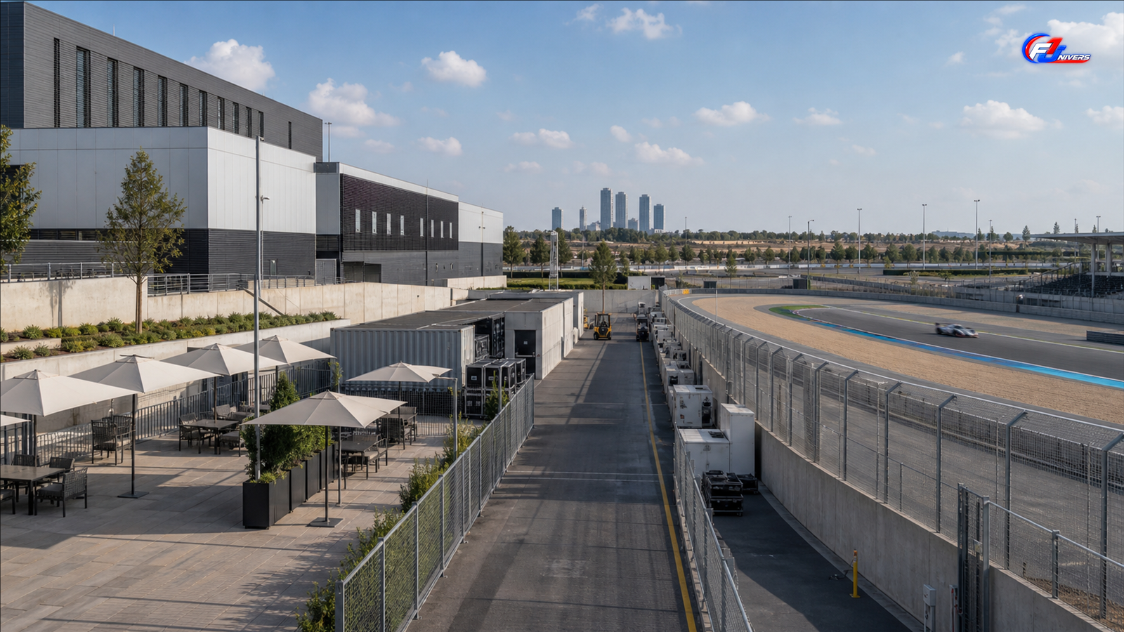 Espace d’hospitalité et voies de service près d’un circuit de Madrid, illustration de la logistique du Grand Prix d’Espagne — visuel éditorial généré par IA pour F1 Univers.
