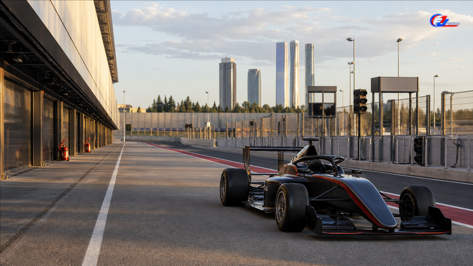 Monoplace de Formule 3 fictive dans une voie des stands évoquant le Madring avant le GP d’Espagne 2026 — visuel éditorial généré par IA pour F1 Univers.