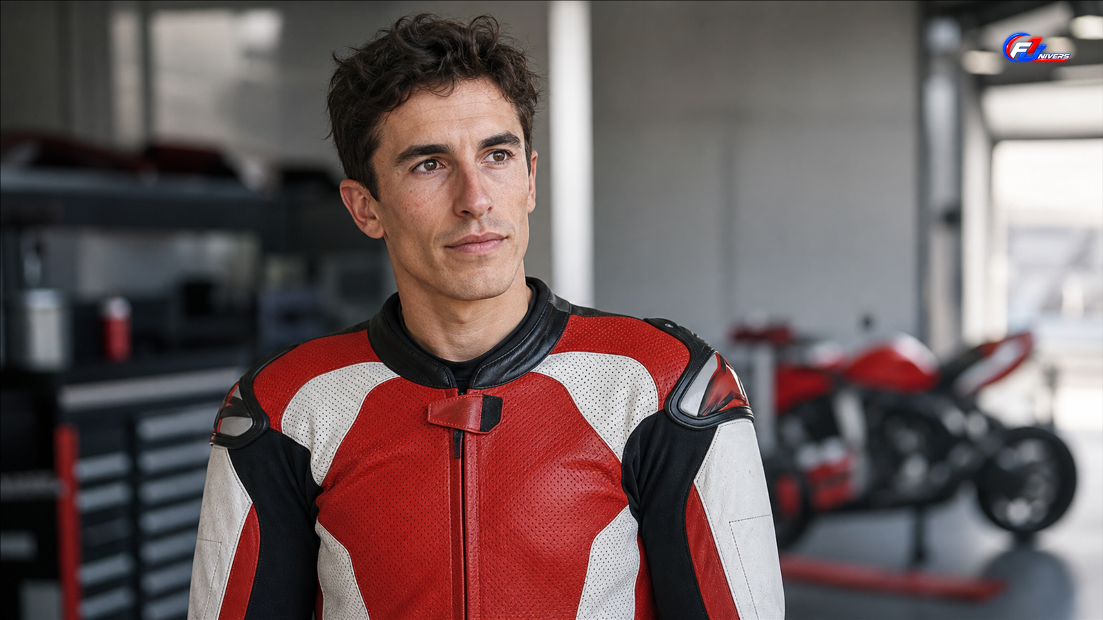 Marc Márquez dans un garage MotoGP fictif, illustration des leçons tirées de sa blessure de Jerez — visuel éditorial généré par IA pour F1 Univers.