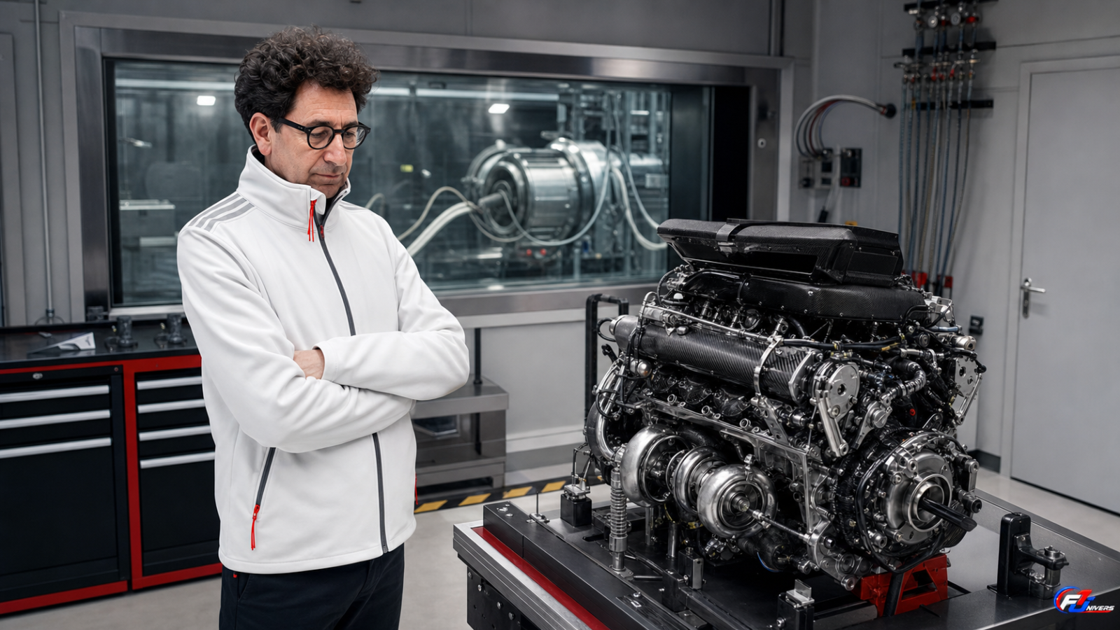 Mattia Binotto dans un atelier Audi F1 devant un concept de moteur turbo pour 2031