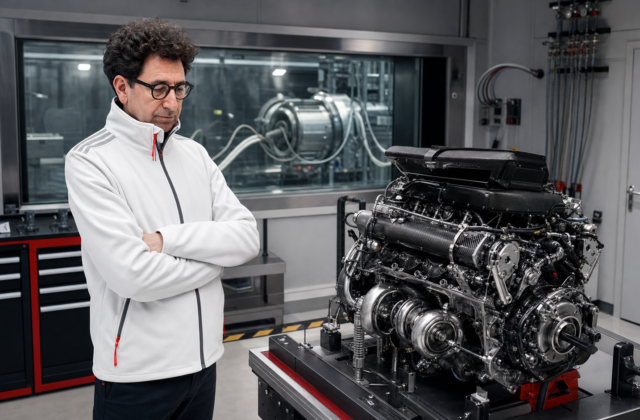 Mattia Binotto dans un atelier moteur Audi F1 devant un concept de groupe propulseur biturbo