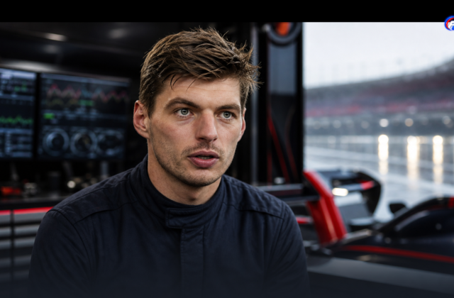 Visuel éditorial généré par IA de Max Verstappen dans un garage Red Bull après son accident à Zandvoort