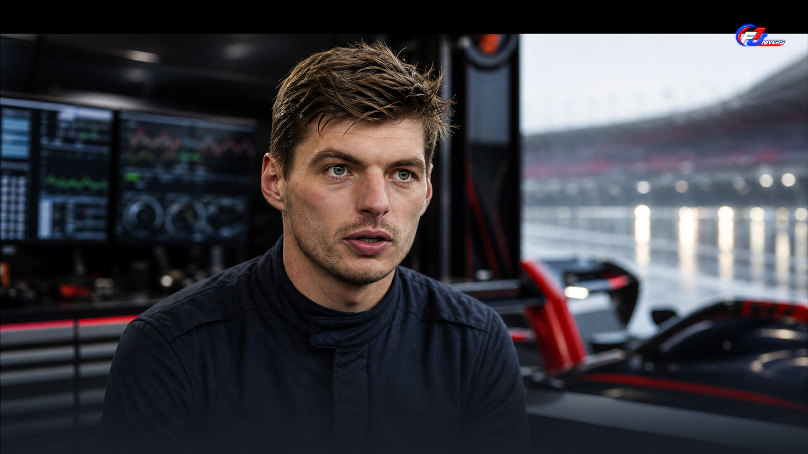 Visuel éditorial généré par IA de Max Verstappen dans un garage Red Bull après son accident à Zandvoort