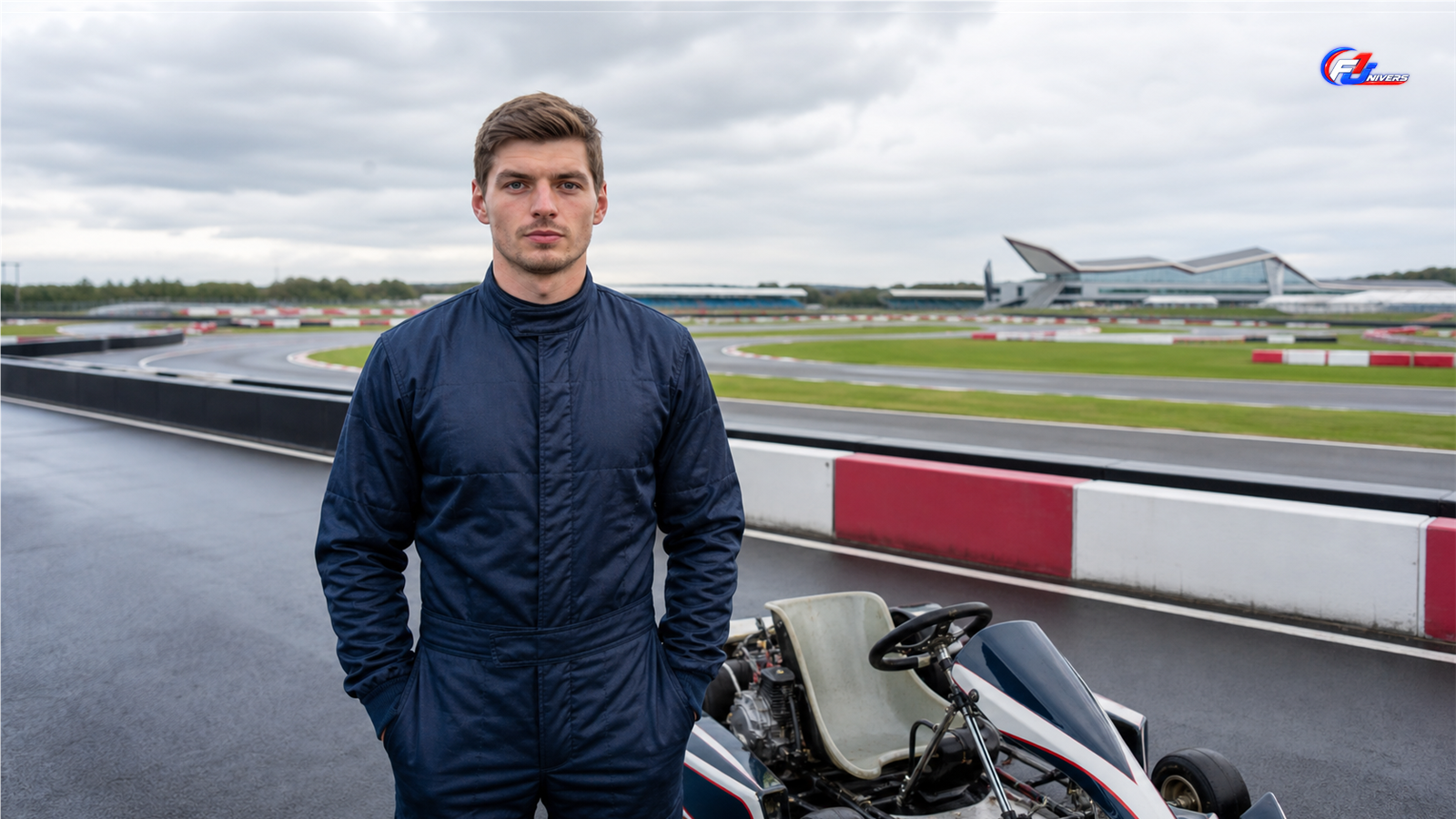 Max Verstappen vs 100 pilotes : portrait de Max Verstappen devant un circuit de karting à Silverstone, visuel éditorial généré par IA