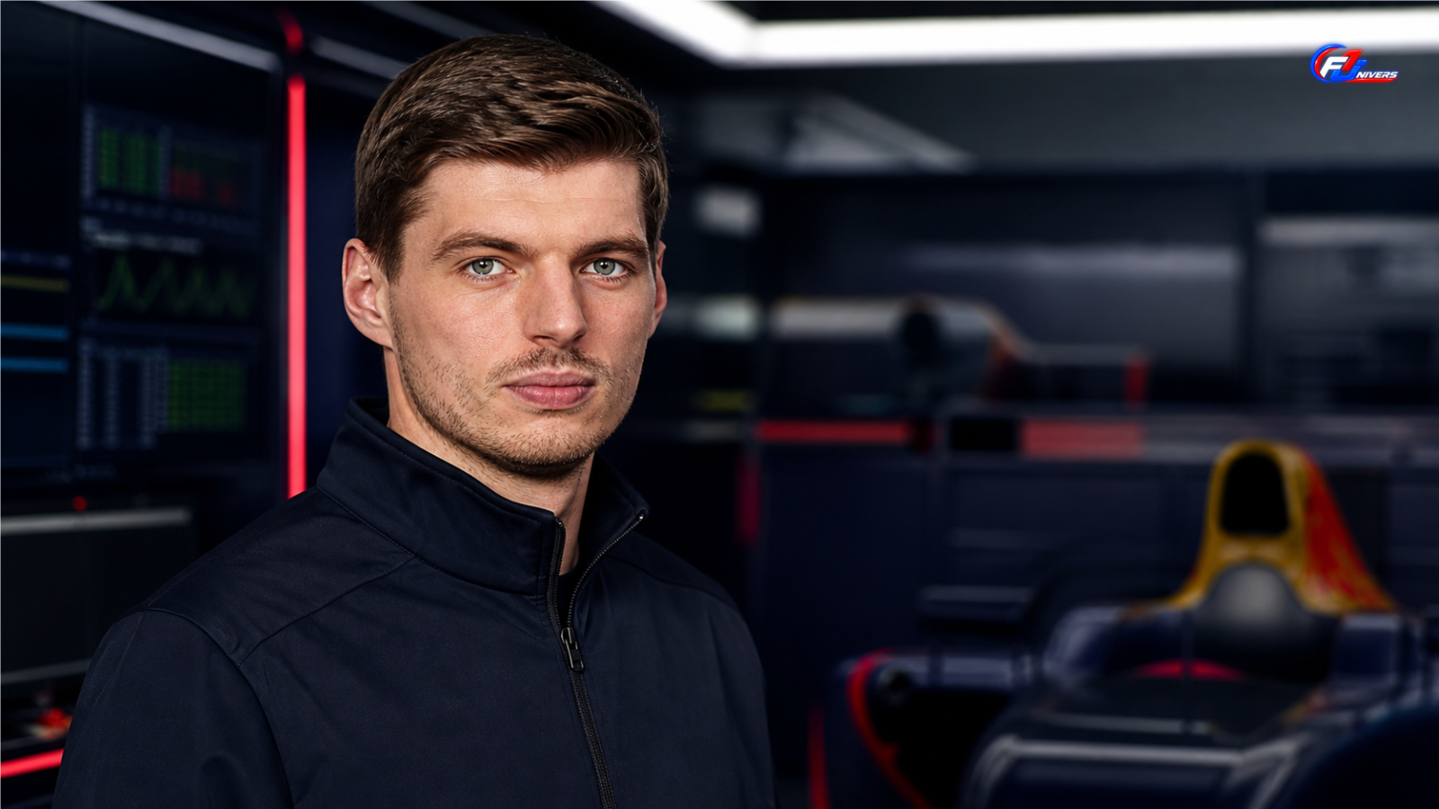 Visuel éditorial généré par IA montrant Max Verstappen dans un garage de Formule 1 évoquant sa prolongation chez Red Bull jusqu’en 2030