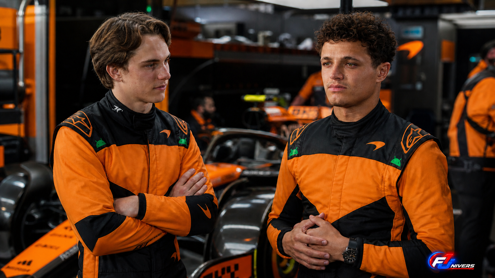 Lando Norris et Oscar Piastri dans le garage McLaren devant la MCL40 en 2026