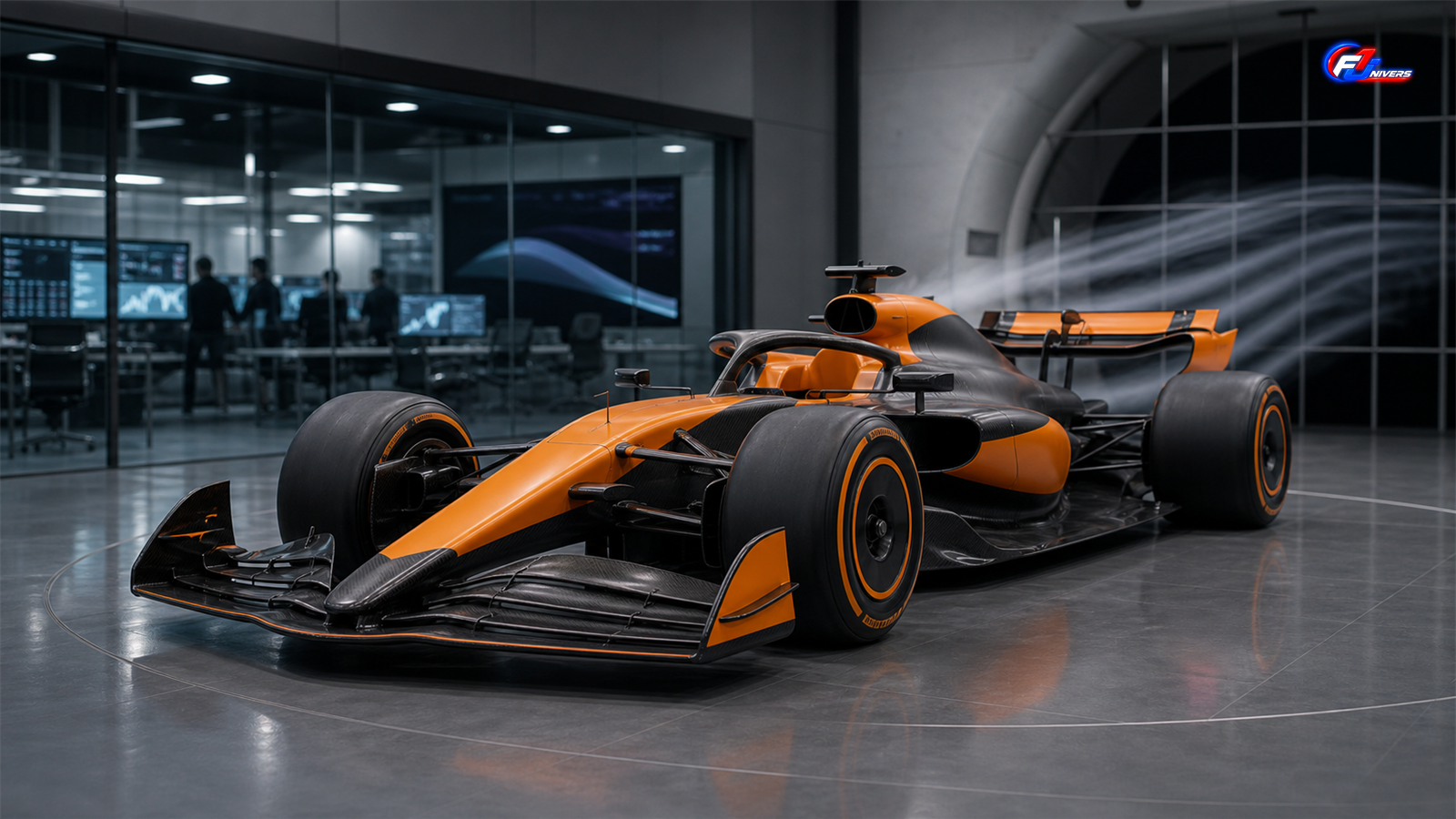 Monoplace orange fictive dans un hall aérodynamique illustrant le projet F1 de McLaren vers 2030 — visuel éditorial généré par IA pour F1 Univers.