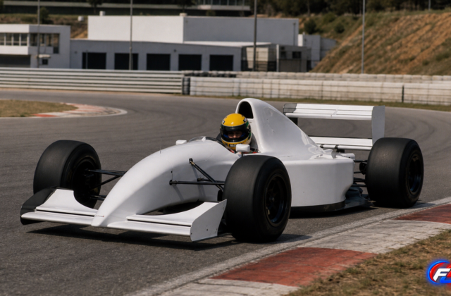 Visuel éditorial généré par IA montrant Ayrton Senna au volant de la McLaren-Lamborghini MP4/8B pendant les essais d’Estoril en 1993
