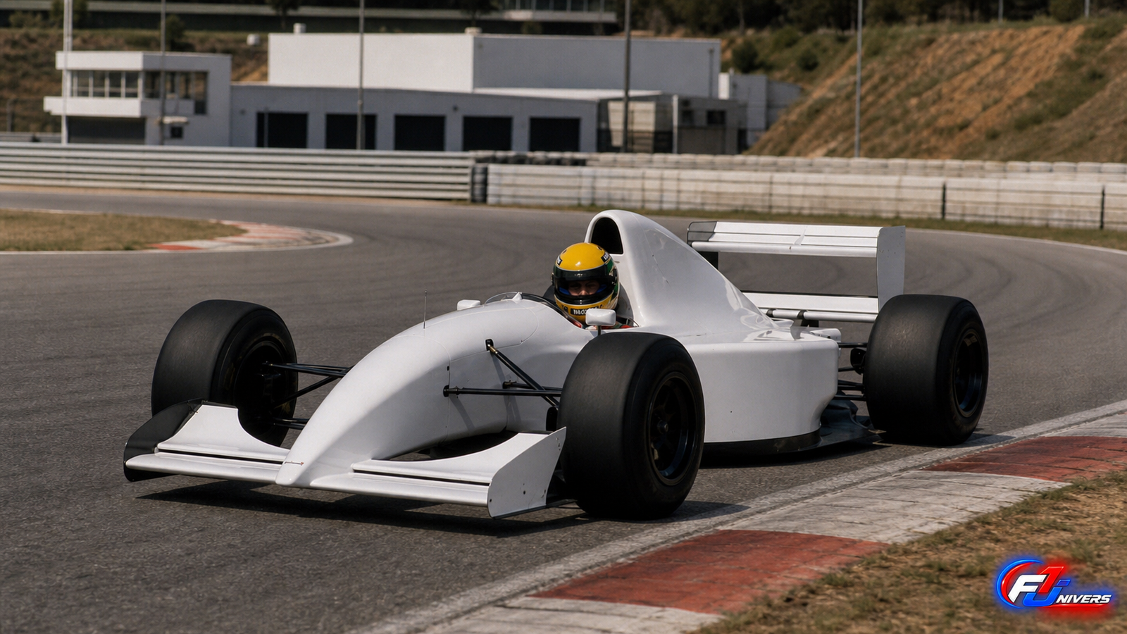 Visuel éditorial généré par IA montrant Ayrton Senna au volant de la McLaren-Lamborghini MP4/8B pendant les essais d’Estoril en 1993