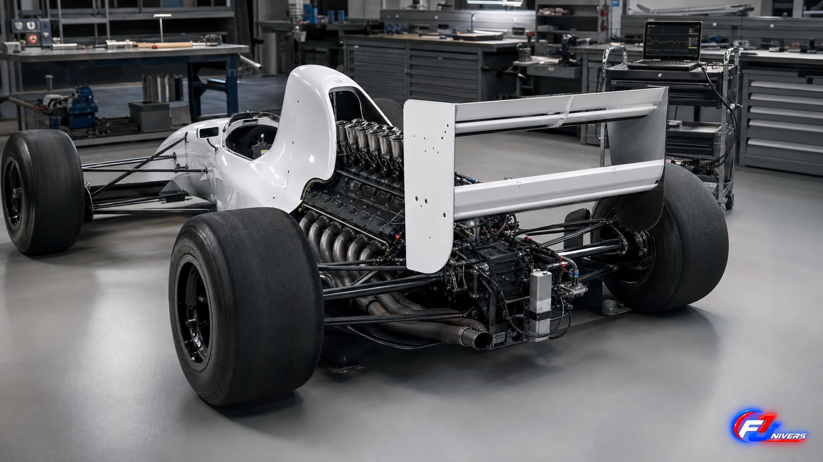 Visuel éditorial généré par IA montrant la McLaren-Lamborghini MP4/8B restaurée avec son V12 visible dans un atelier historique