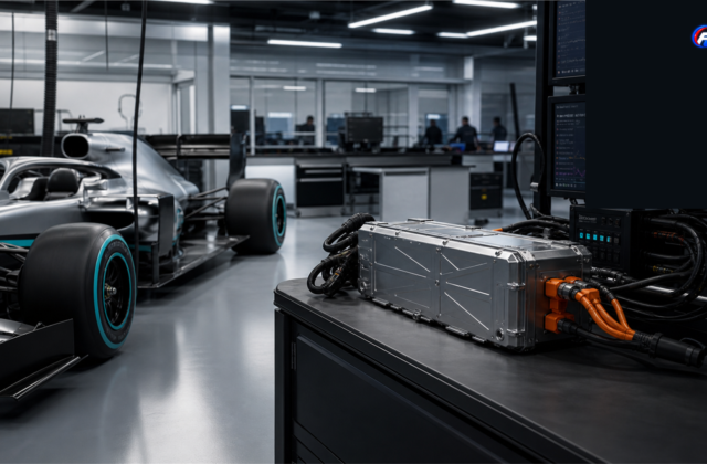 Visuel éditorial généré par IA d’un diagnostic de batterie dans un atelier de Formule 1