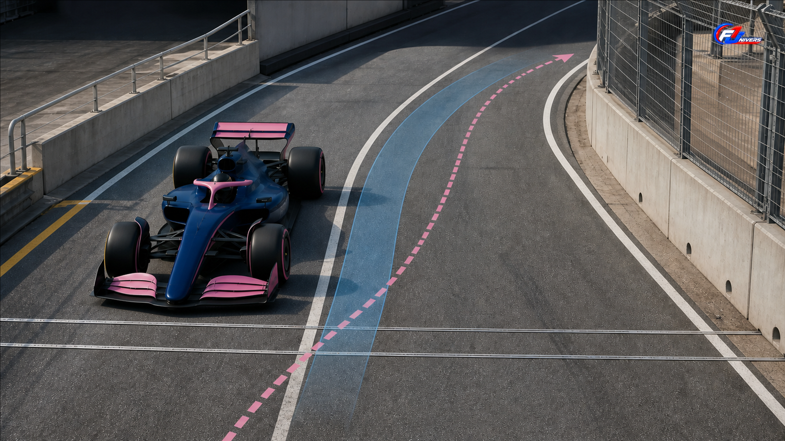 Monoplace fictive entre deux boucles de chronométrage dans une voie des stands étroite — visuel éditorial généré par IA pour F1 Univers.
