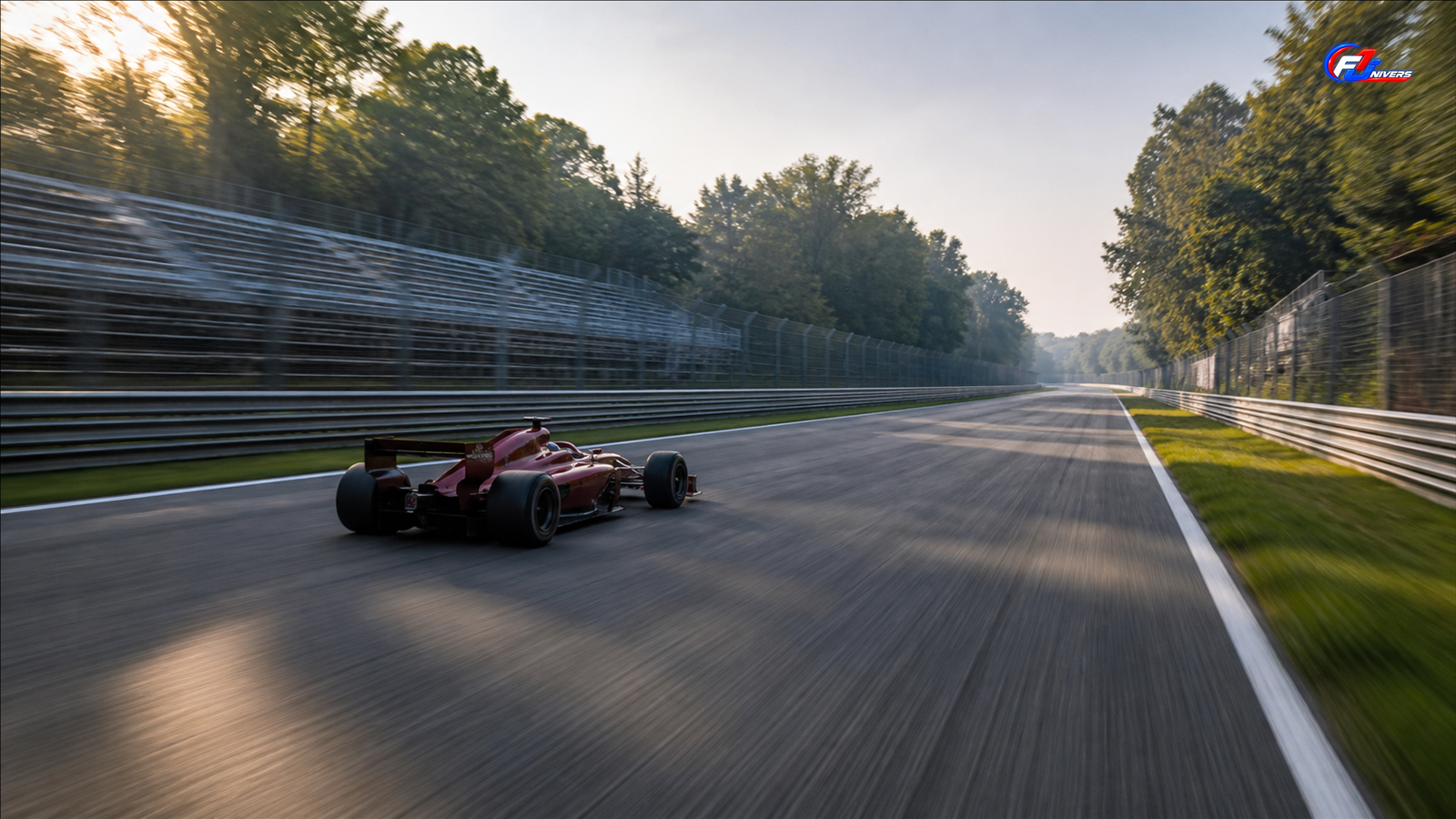 Monoplace rouge fictive en accélération sur une longue ligne droite italienne, illustrant les contraintes du moteur hybride à Monza — visuel éditorial généré par IA pour F1 Univers.