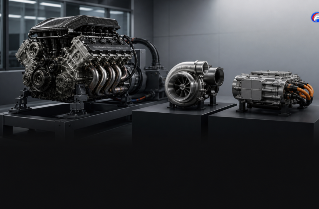 Visuel éditorial généré par IA : moteur, turbo et système hybride en laboratoire de Formule 1.