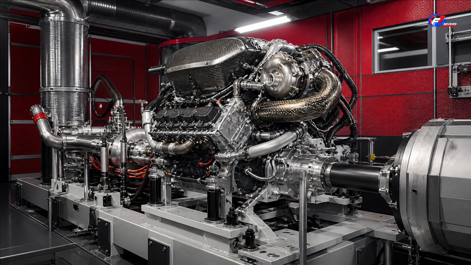 Groupe propulseur hybride fictif au banc illustrant le moteur Ferrari ADUO2 — visuel éditorial généré par IA pour F1 Univers.