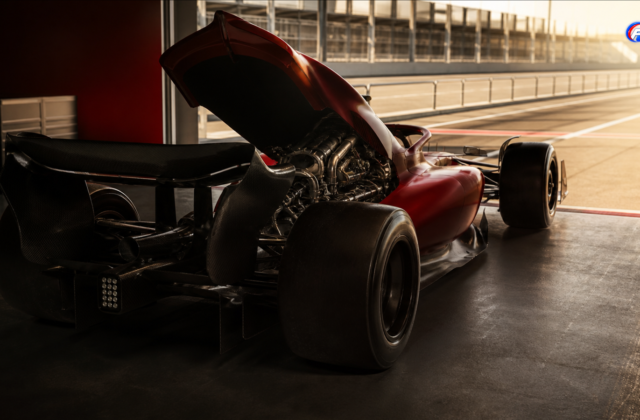 Monoplace rouge fictive au garage avec son capot moteur ouvert, pour illustrer le moteur Ferrari à Monza 2026 — visuel éditorial généré par IA pour F1 Univers.
