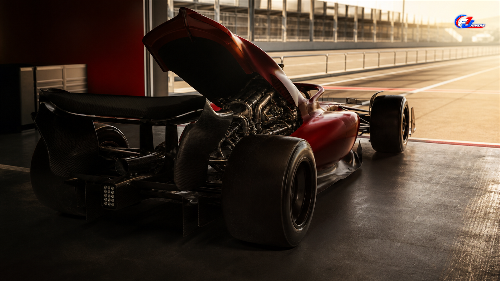 Monoplace rouge fictive au garage avec son capot moteur ouvert, pour illustrer le moteur Ferrari à Monza 2026 — visuel éditorial généré par IA pour F1 Univers.