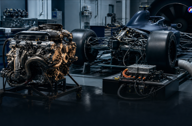 Moteur Red Bull ADUO illustré par un groupe propulseur fictif dans un atelier technique — visuel éditorial généré par IA pour F1 Univers.