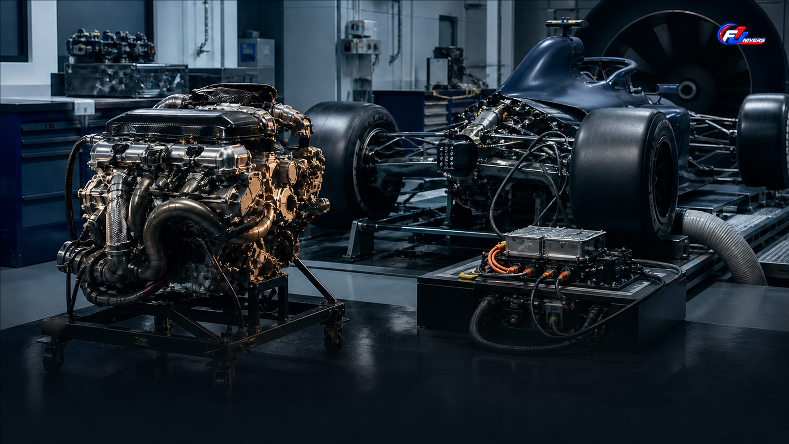 Moteur Red Bull ADUO illustré par un groupe propulseur fictif dans un atelier technique — visuel éditorial généré par IA pour F1 Univers.
