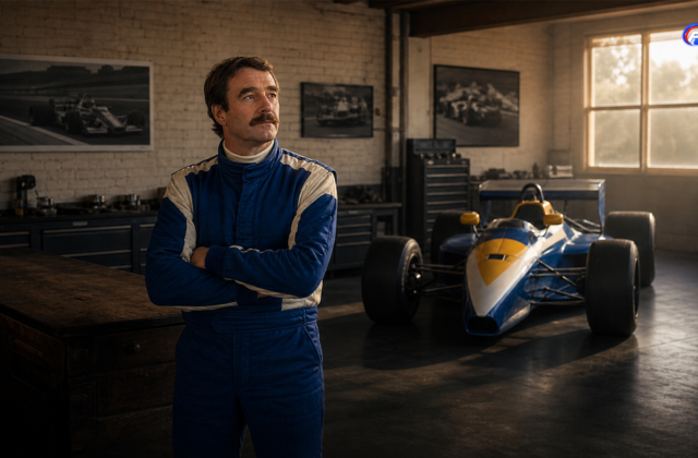 Nigel Mansell dans un atelier fictif avec une monoplace des années 1980 — visuel éditorial généré par IA
