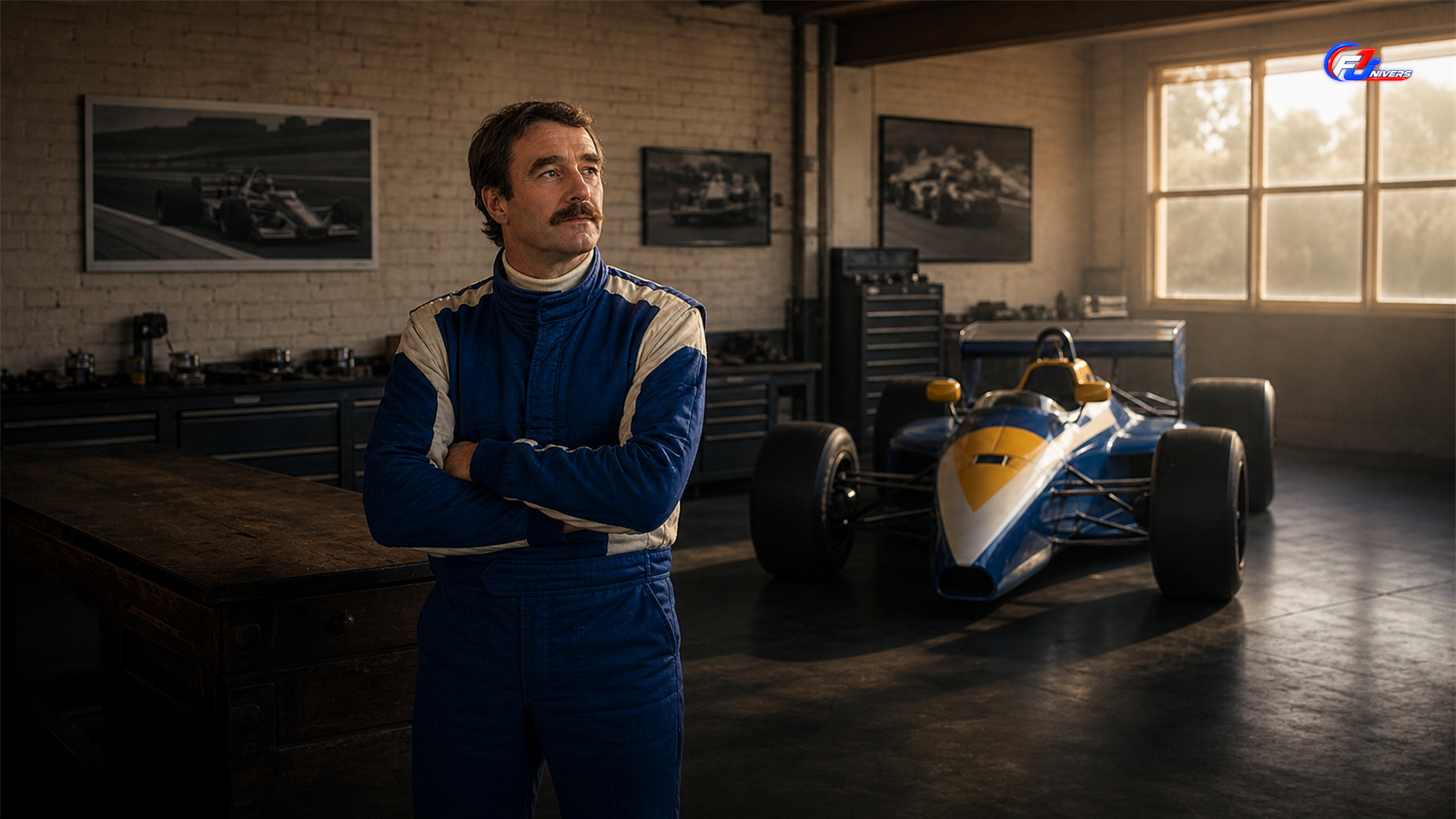 Nigel Mansell dans un atelier fictif avec une monoplace des années 1980 — visuel éditorial généré par IA