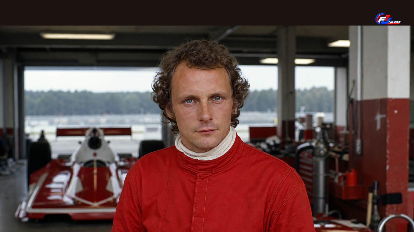 Visuel éditorial généré par IA : Niki Lauda dans un garage de Formule 1 des années 1970, évocation du Nürburgring 1976.