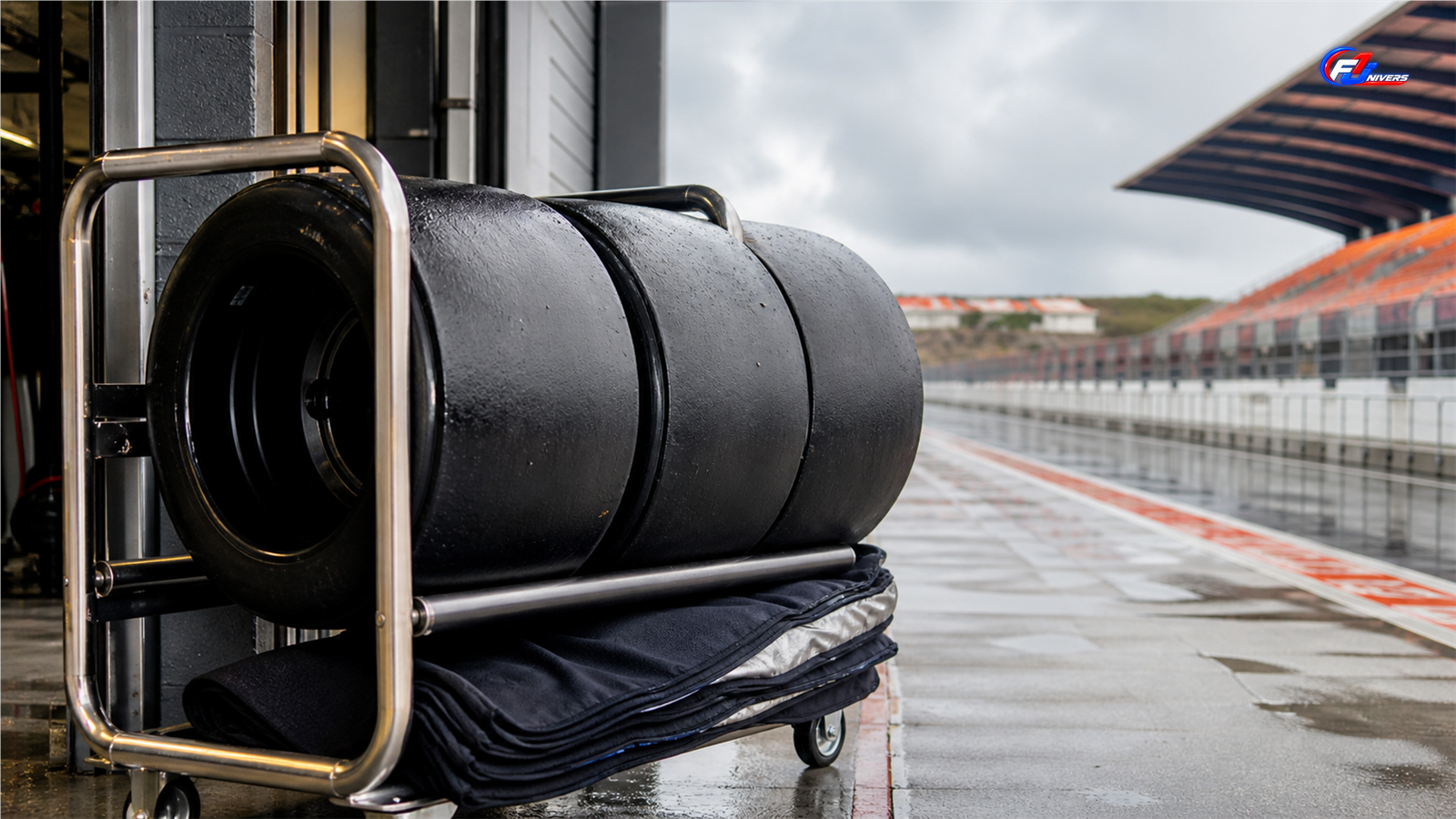 Pneus slicks de monoplace sur un chariot dans un garage fictif donnant sur le circuit de Zandvoort