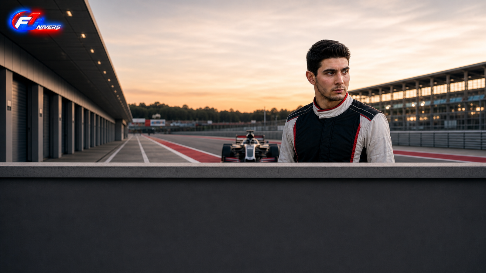 Ocon chez Haas en 2027 : Esteban Ocon dans une voie des stands générique — visuel éditorial généré par IA pour F1 Univers