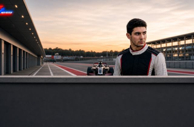 Ocon chez Haas en 2027 : Esteban Ocon dans une voie des stands générique — visuel éditorial généré par IA pour F1 Univers