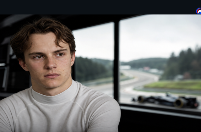 Visuel éditorial généré par IA : Oscar Piastri dans un environnement de préparation F1, avec circuit rapide en arrière-plan.
