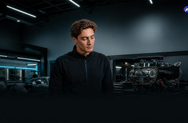 George Russell dans un garage fictif face à une unité de puissance — visuel éditorial généré par IA