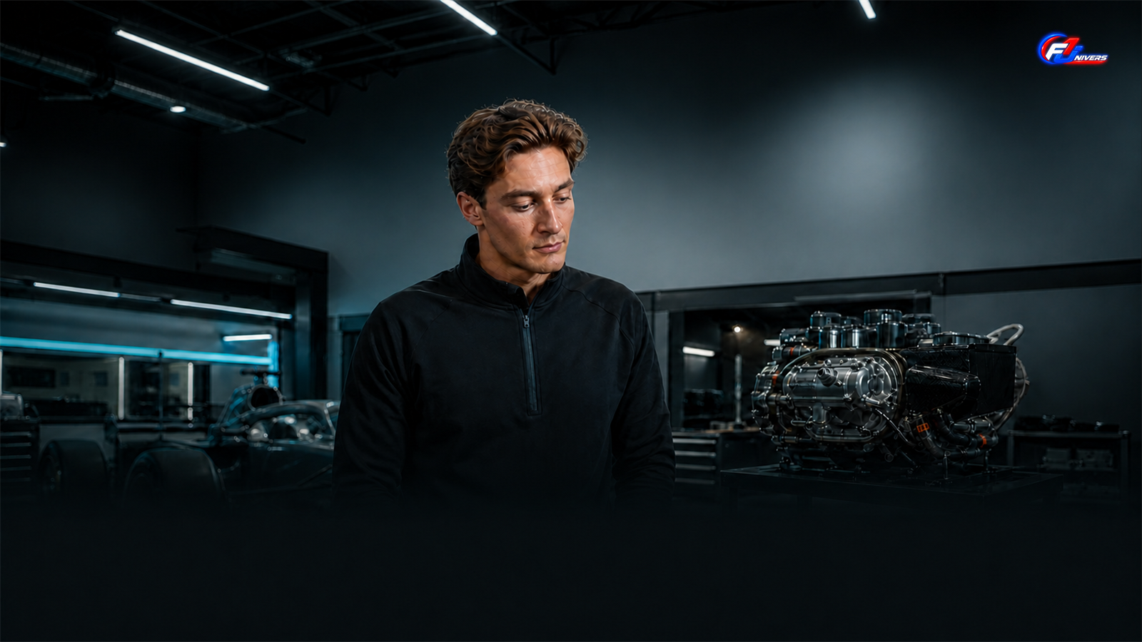 George Russell dans un garage fictif face à une unité de puissance — visuel éditorial généré par IA