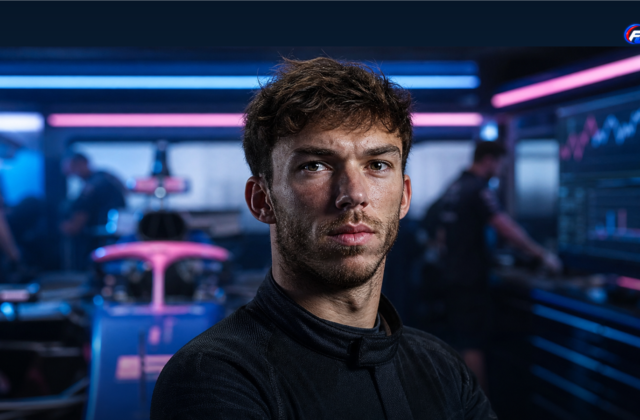 Visuel éditorial généré par IA de Pierre Gasly dans un garage Alpine sous pression