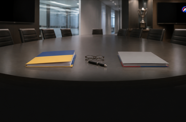 Dossiers symbolisant la plainte de l’Ukraine à la FIA dans une salle de comité fictive — visuel éditorial généré par IA pour F1 Univers.