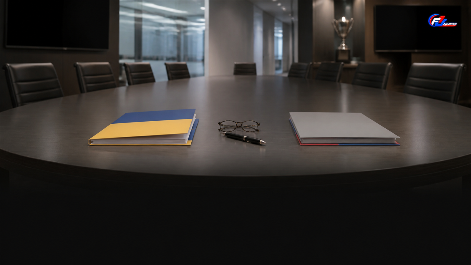 Dossiers symbolisant la plainte de l’Ukraine à la FIA dans une salle de comité fictive — visuel éditorial généré par IA pour F1 Univers.
