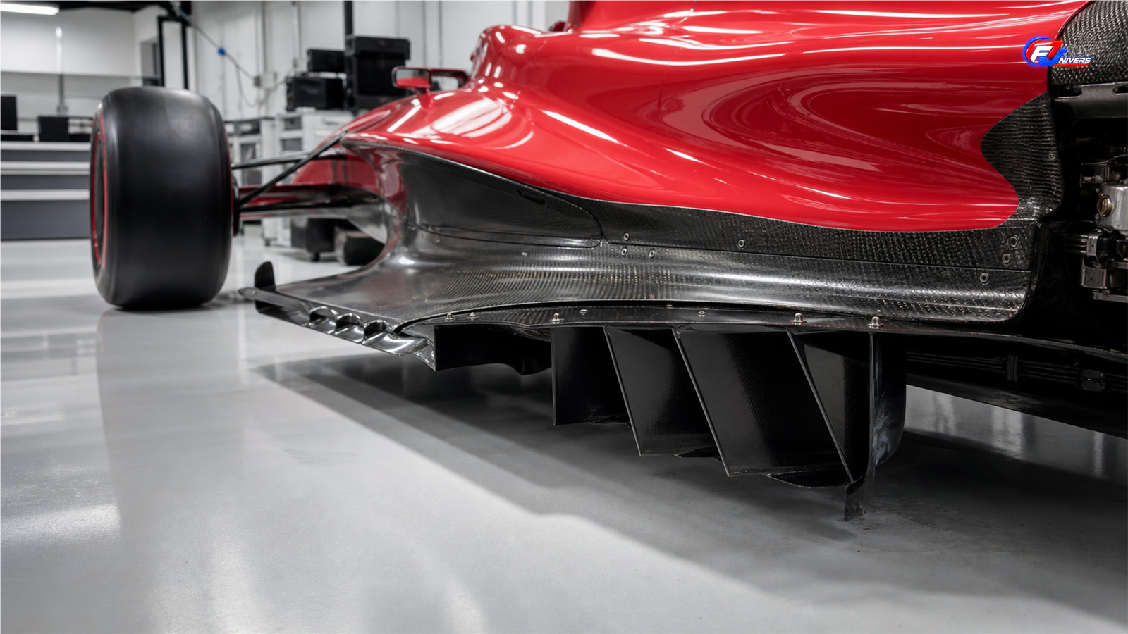 Vue technique du plancher et du diffuseur d’une monoplace rouge de Formule 1, visuel éditorial généré par IA