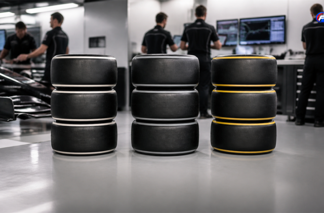 Visuel éditorial généré par IA : pneus de Formule 1 dans un garage technique, pour illustrer la gamme Pirelli 2027.