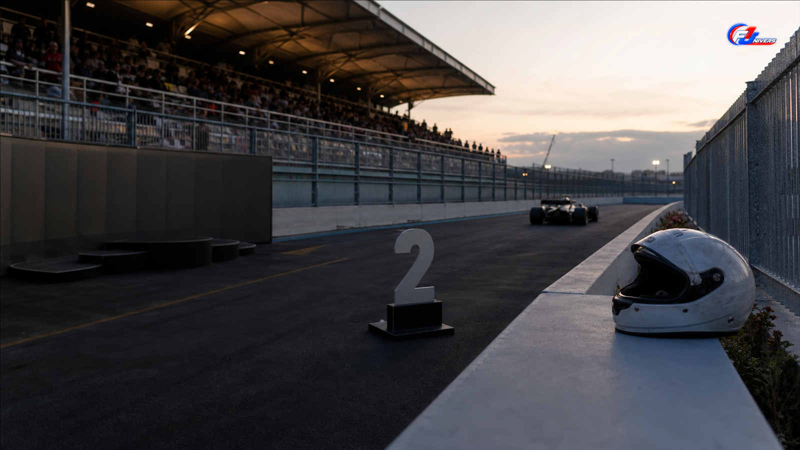 Casque fictif près d’un emplacement de podium vide après une course, illustration d’un résultat perdu à domicile — visuel éditorial généré par IA pour F1 Univers.