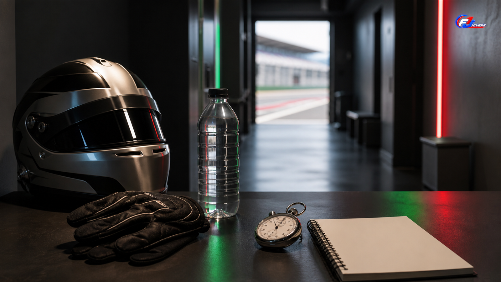Casque, gants, eau et chronomètre symbolisant la préparation mentale de Kimi Antonelli avant Monza — visuel éditorial généré par IA