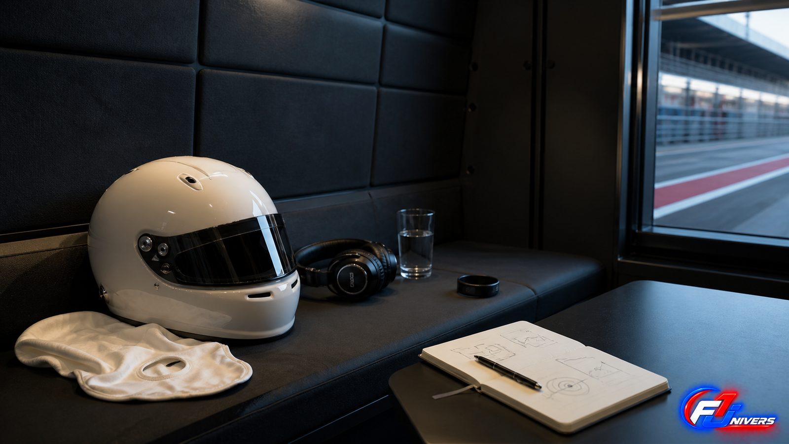Visuel éditorial généré par IA montrant une salle de récupération et l’équipement de préparation mentale d’un pilote de F1