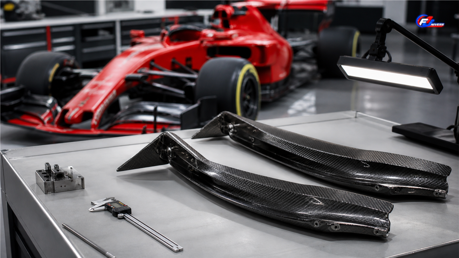 Pièces aérodynamiques en carbone inspectées dans un atelier de Formule 1, visuel éditorial généré par IA