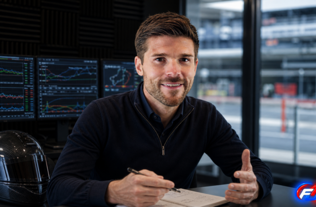 Visuel éditorial généré par IA montrant le Dr Robbie Anderson dans une salle de préparation mentale liée à un paddock de Formule 1