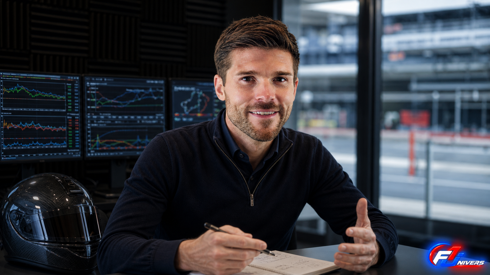 Visuel éditorial généré par IA montrant le Dr Robbie Anderson dans une salle de préparation mentale liée à un paddock de Formule 1