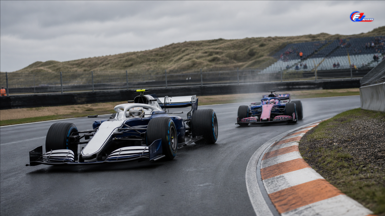 Deux monoplaces modernes à Zandvoort, l’une devant l’autre, illustration de la séquence tactique entre Racing Bulls et Alpine — visuel éditorial généré par IA pour F1 Univers.