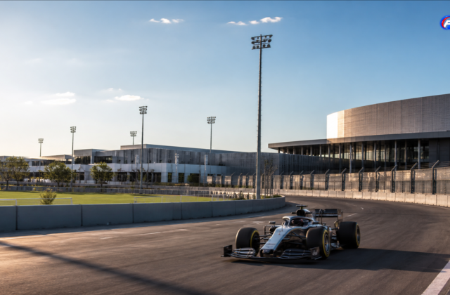 Monoplace fictive près d’un campus sportif madrilène, illustration du partenariat entre le Real Madrid et le Grand Prix d’Espagne — visuel éditorial généré par IA pour F1 Univers.