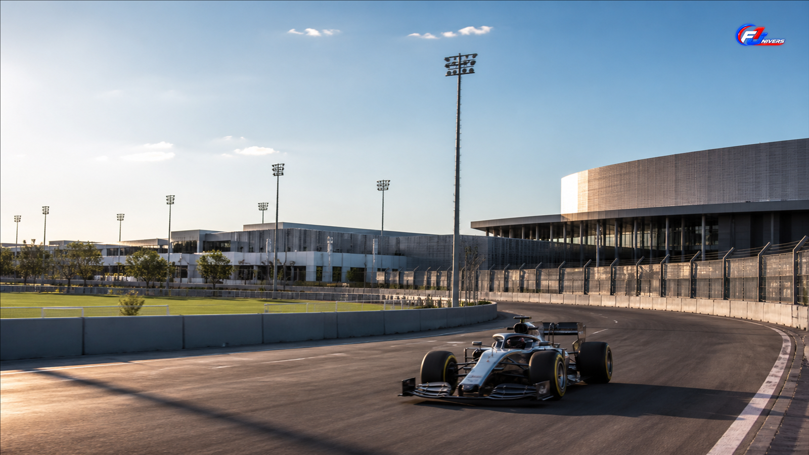Monoplace fictive près d’un campus sportif madrilène, illustration du partenariat entre le Real Madrid et le Grand Prix d’Espagne — visuel éditorial généré par IA pour F1 Univers.