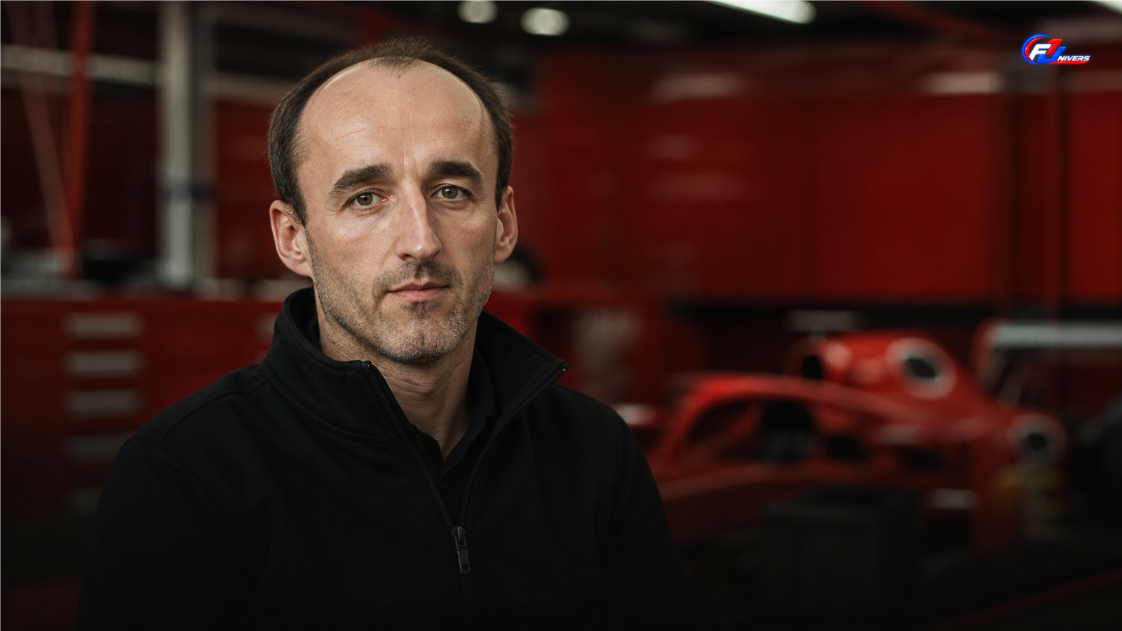 Visuel éditorial généré par IA montrant Robert Kubica dans un garage de Formule 1 évoquant son rendez-vous manqué avec Ferrari
