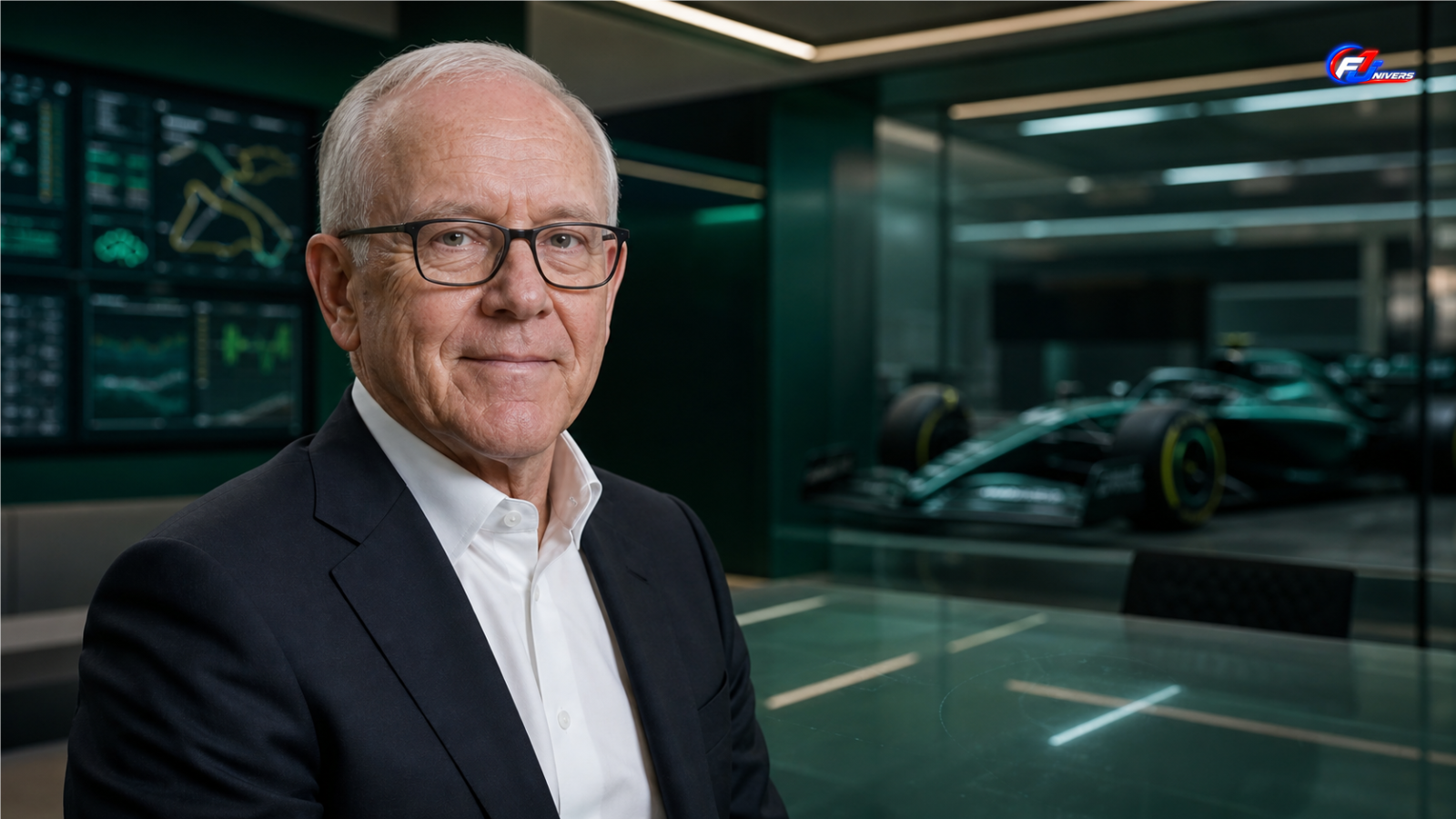 Visuel éditorial généré par IA montrant Robert Wood Johnson dans un environnement Aston Martin F1
