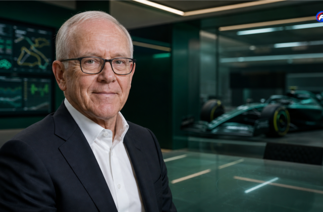 Visuel éditorial généré par IA montrant Robert Wood Johnson dans un environnement Aston Martin F1